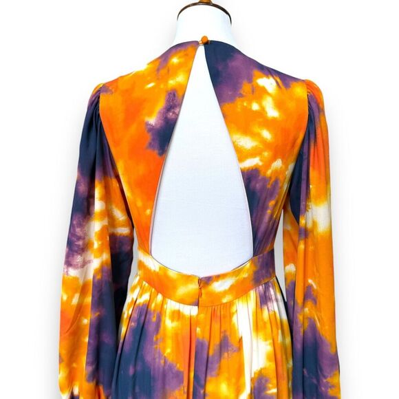 Toccin NY Womens A-Line Maxi Dress Orange Tie Dye Long Sleeve Lined Zip Ruffle 8 - Picture 6 of 15